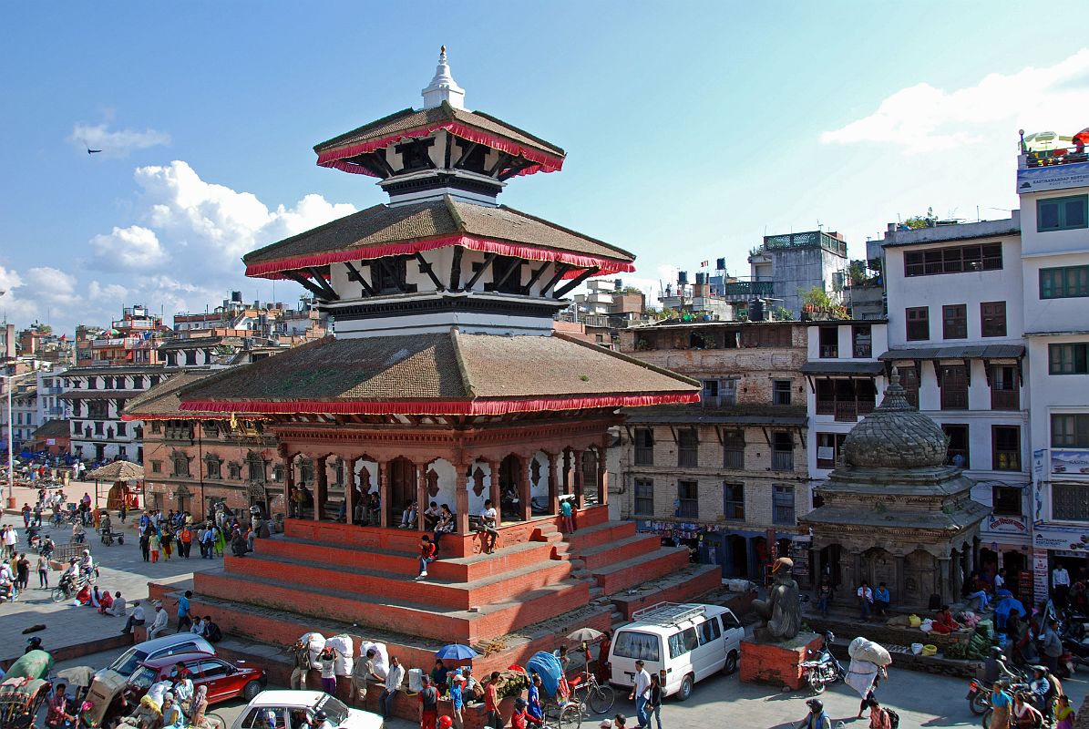 Kathmandu Durbar Square 03 05 Kumari Bahal, Trailokya Mohan Narayan Temple, Garuda Statue, Bimaleshwor Temple The edge of Basantapur Square, Kumari Bahal, Trailokya Mohan Narayan Temple, the Garuda Statue, and Bimaleshwor Temple are visible from the steps of Maju Deval Temple in Kathmandu Durbar Square.